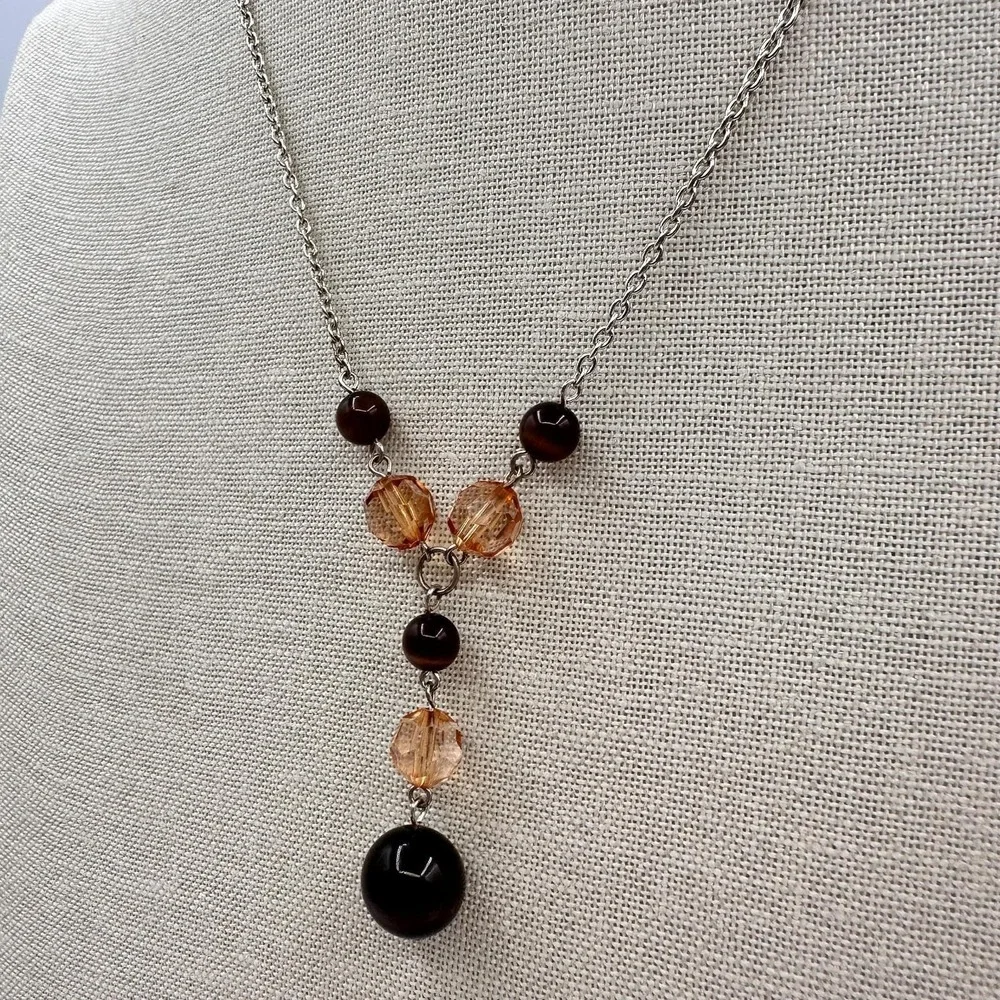 Vintage Y2K Silver Tone‎ Beaded Y-Drop Necklace Boho Statement Women's Jewelry